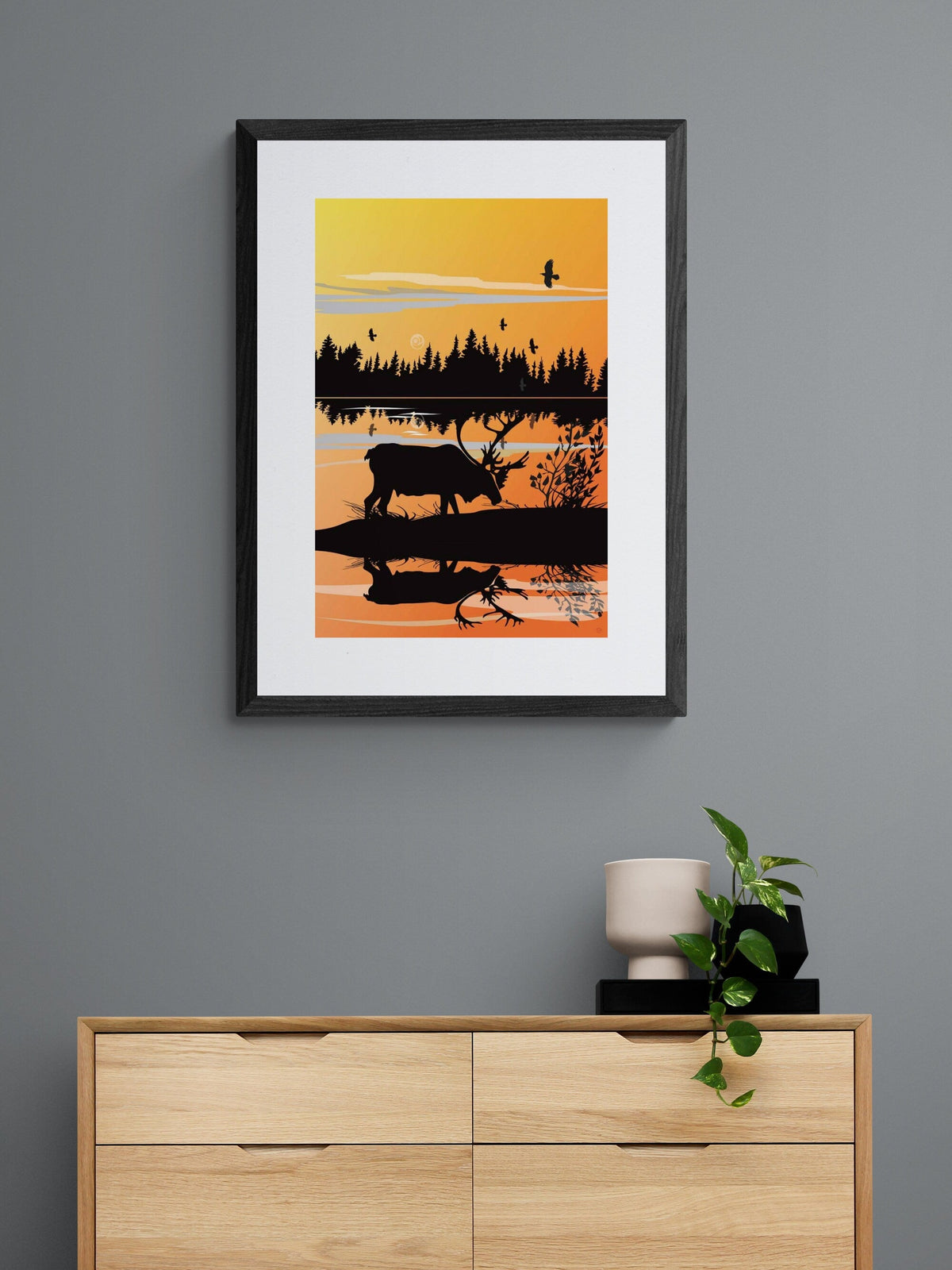 Caribou Sunset By Mark Preston, Indigenous Art Print, First Nations, Native Americans, Tlingit, Yukon Territory, Framed Art