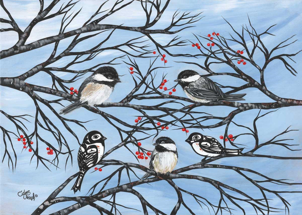 Mésanges par Carla Joseph, estampe d'art autochtone, Premières Nations, Amérindiens, Cris, Métis, art encadré