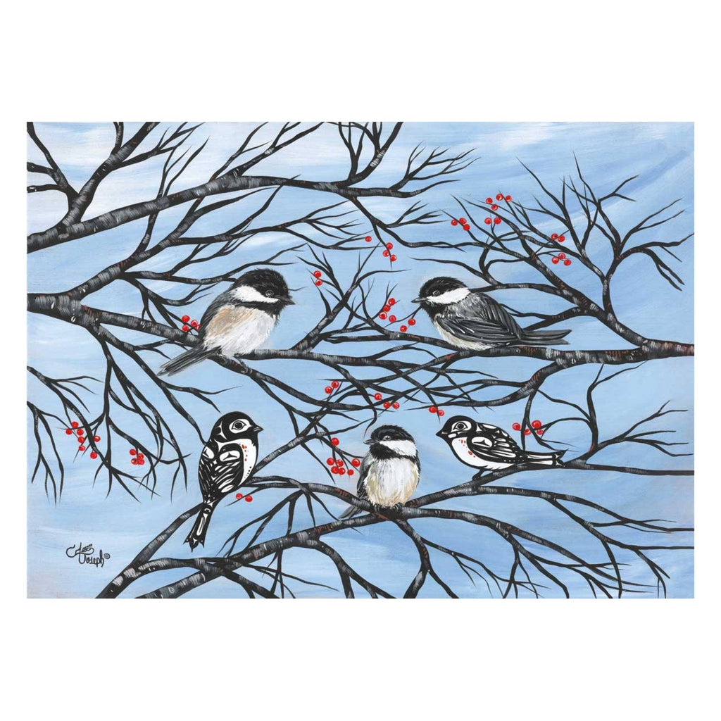 Mésanges par Carla Joseph, estampe d'art autochtone, Premières Nations, Amérindiens, Cris, Métis, art encadré