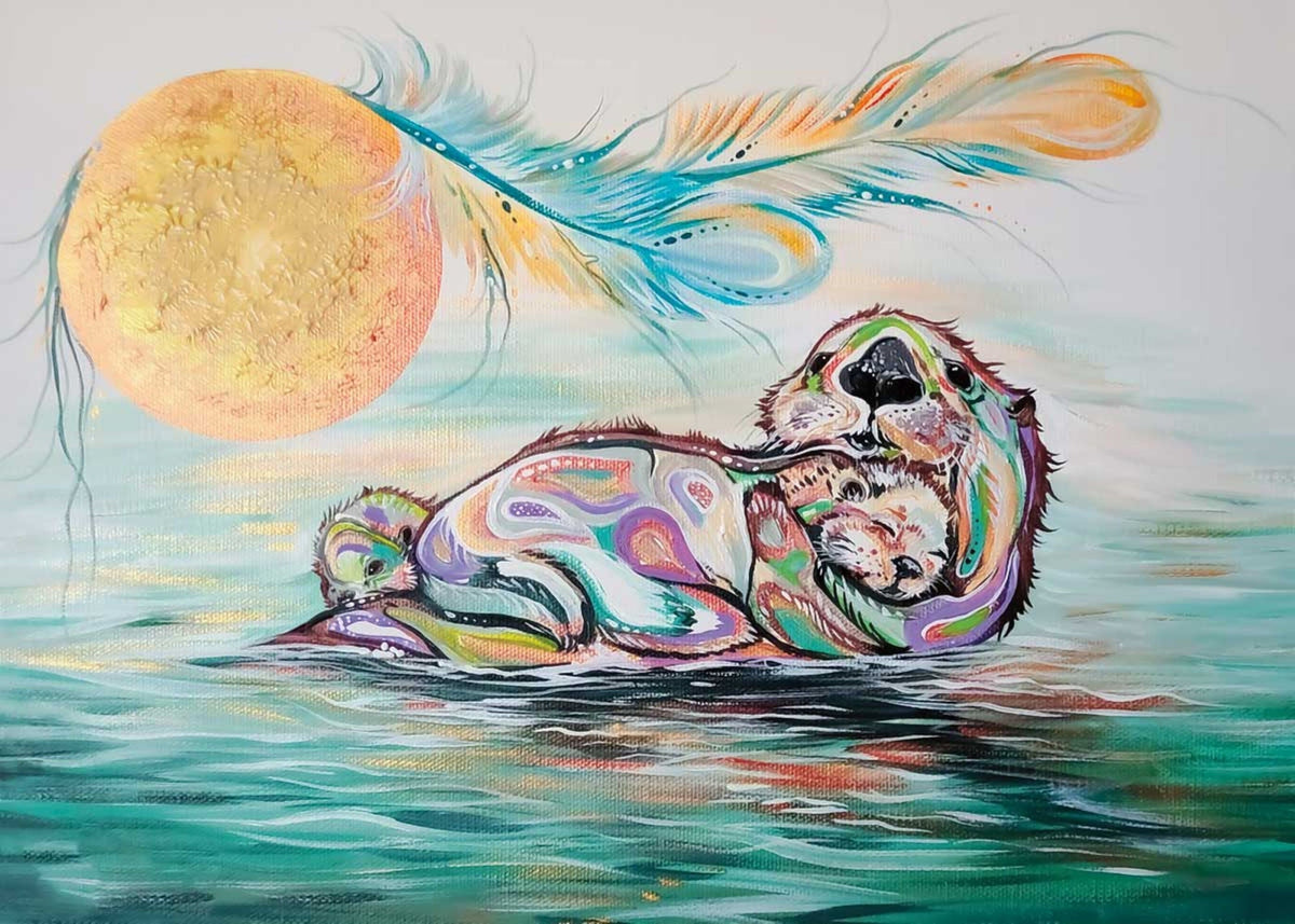 Otter Family par Carla Joseph, impression d'art autochtone, Premières Nations, Autochtones d'Amérique, Cris, Métis, œuvre encadrée