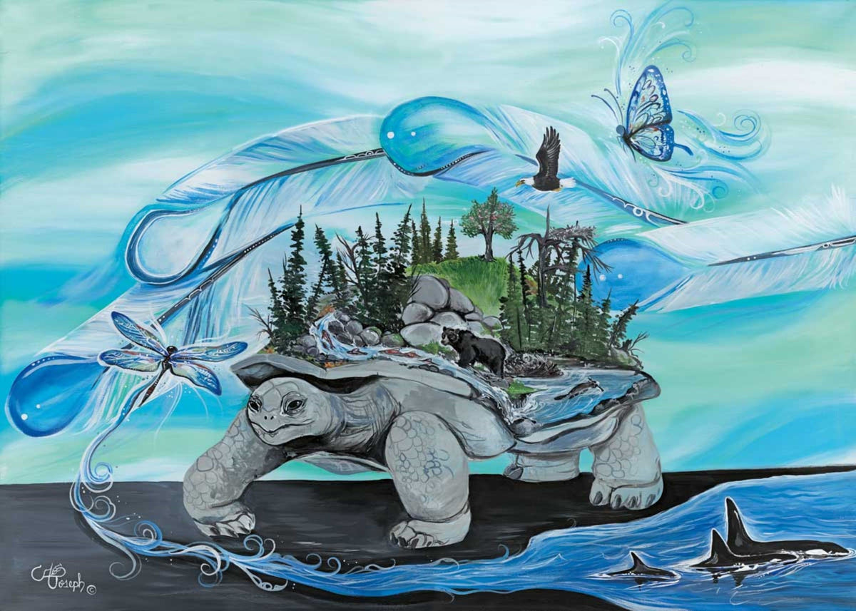 Turtle Island par Carla Joseph, estampe d'art autochtone, Premières Nations, Amérindiens, Cris, Métis, œuvre encadrée