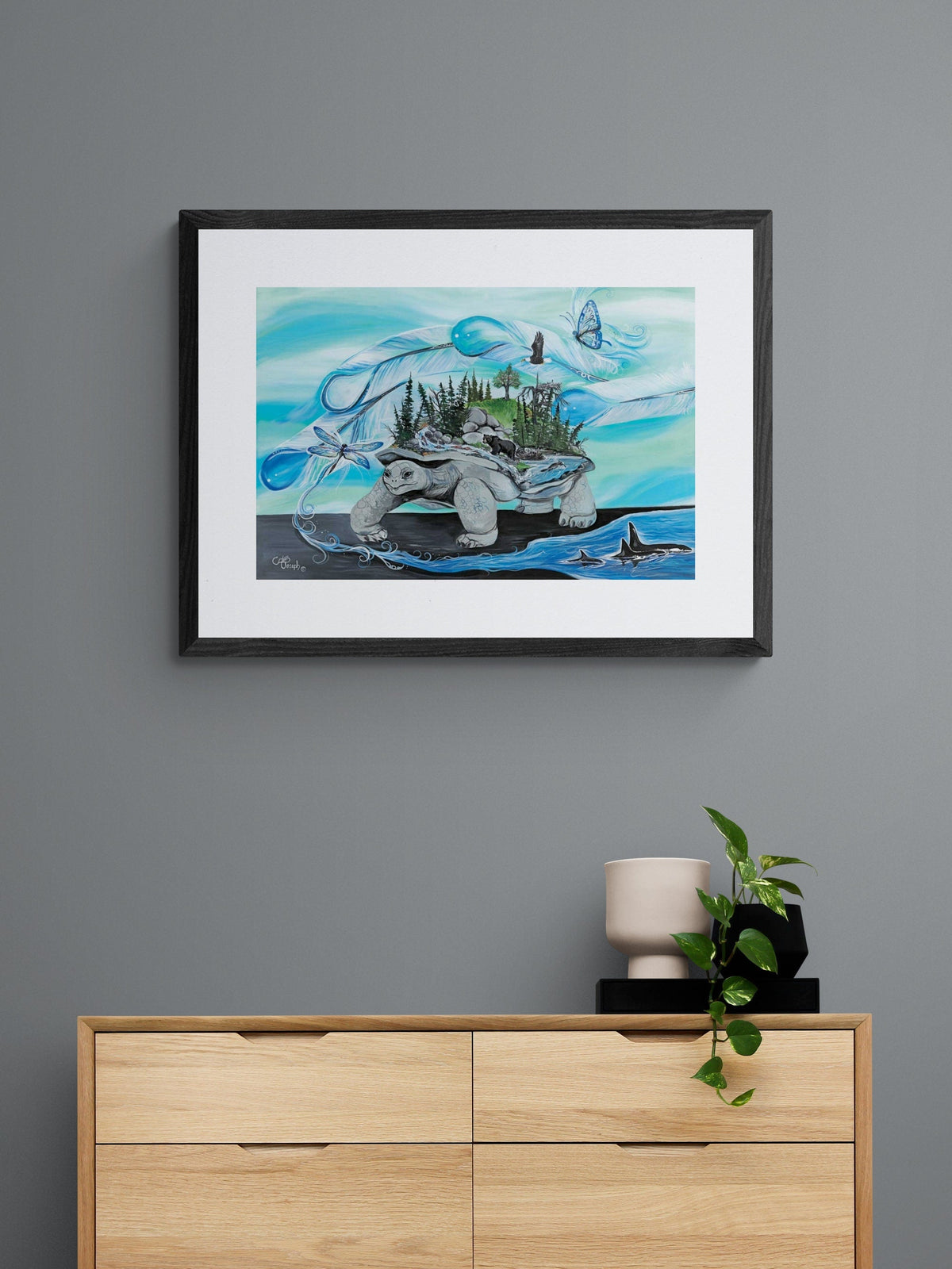 Turtle Island par Carla Joseph, estampe d'art autochtone, Premières Nations, Amérindiens, Cris, Métis, œuvre encadrée