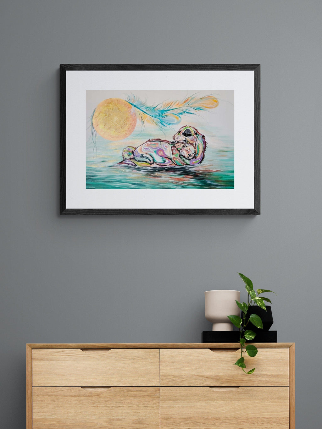 Otter Family par Carla Joseph, impression d'art autochtone, Premières Nations, Autochtones d'Amérique, Cris, Métis, œuvre encadrée