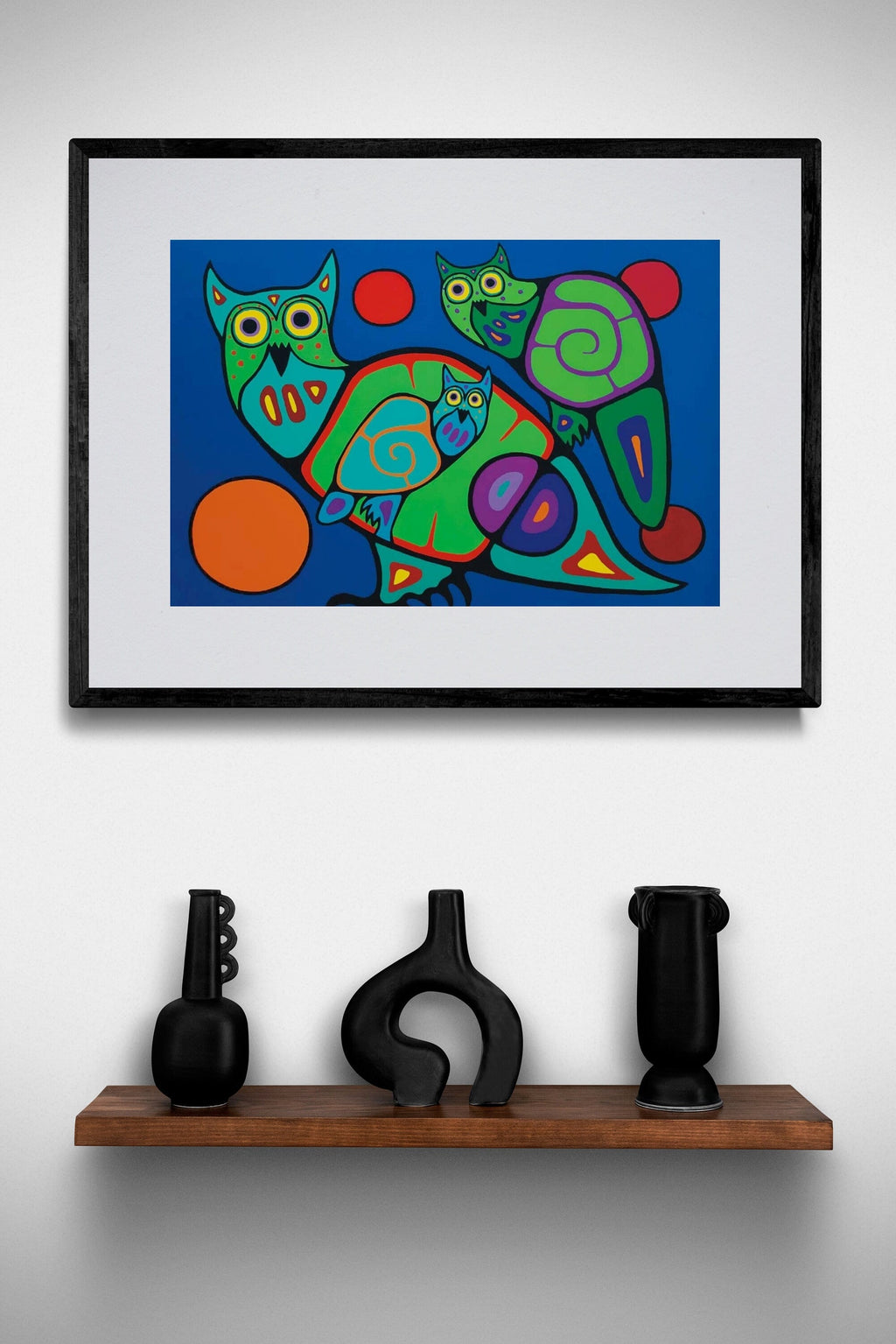 Owl Family par Jim Oskineegish, impression d'art autochtone, Premières Nations, culture ahnisnabée, décor autochtone amérindien