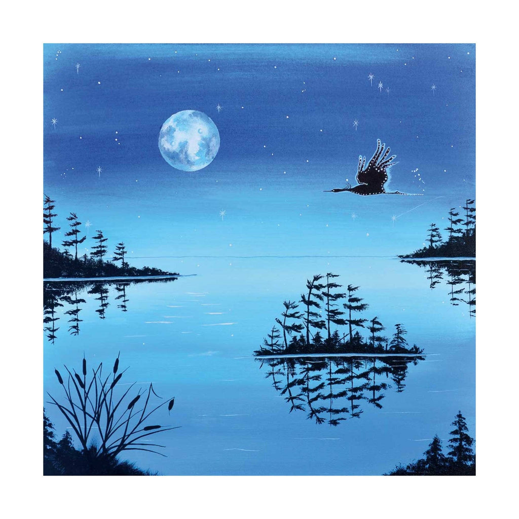 Night Flight – Blue Heron par William Monague, estampe d'art autochtone, Premières Nations, Ojibwé, décor amérindien, encadrée