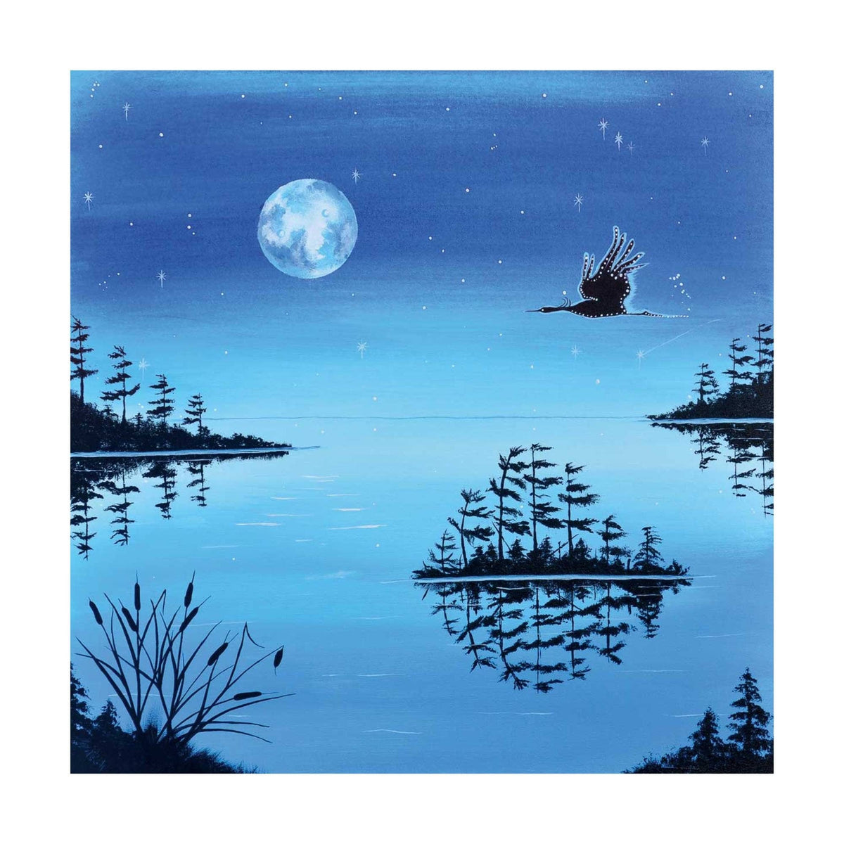Night Flight – Blue Heron par William Monague, estampe d'art autochtone, Premières Nations, Ojibwé, décor amérindien, encadrée