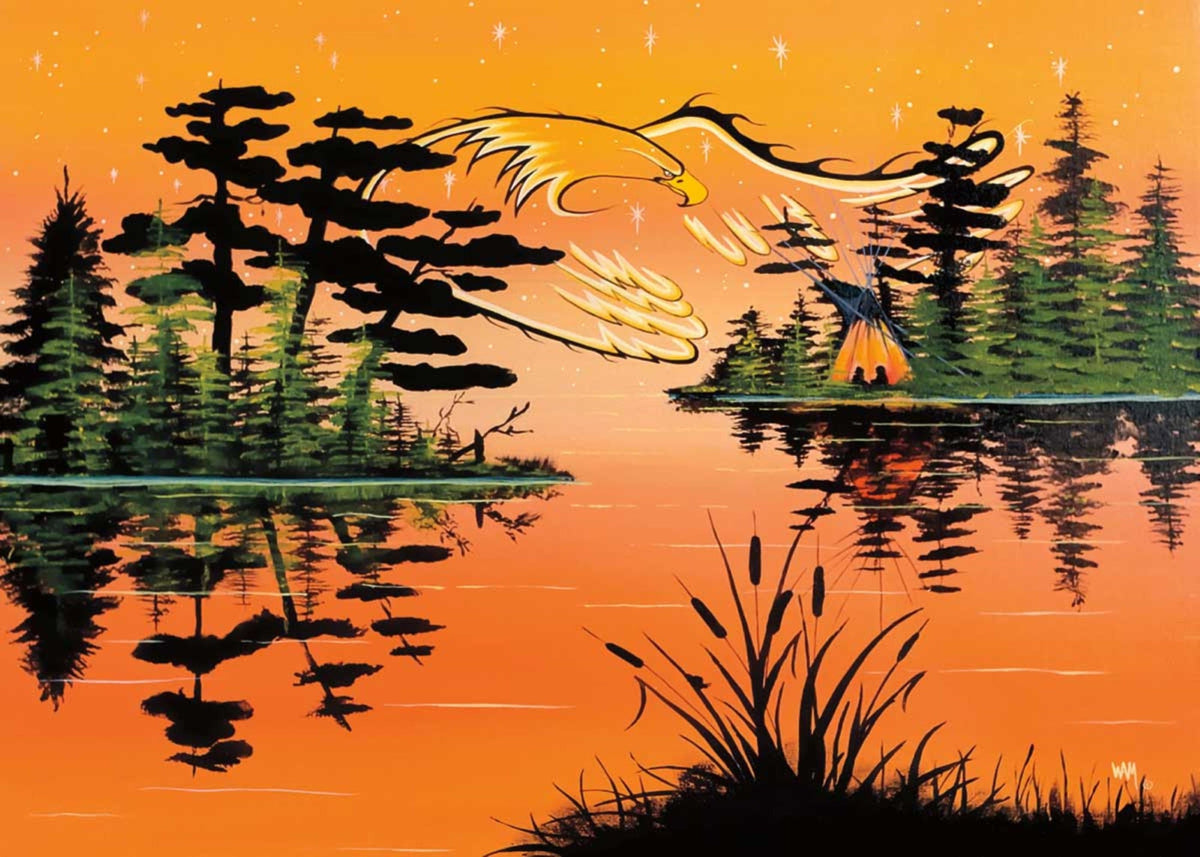 Lune de miel au coucher du soleil par William Monague, impression d'art autochtone, Premières Nations, Ojibwé, décor amérindien, art encadré