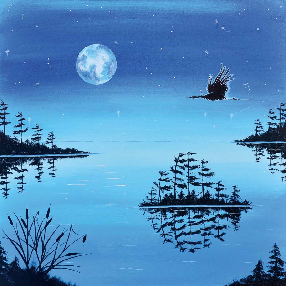 Night Flight – Blue Heron par William Monague, estampe d'art autochtone, Premières Nations, Ojibwé, décor amérindien, encadrée