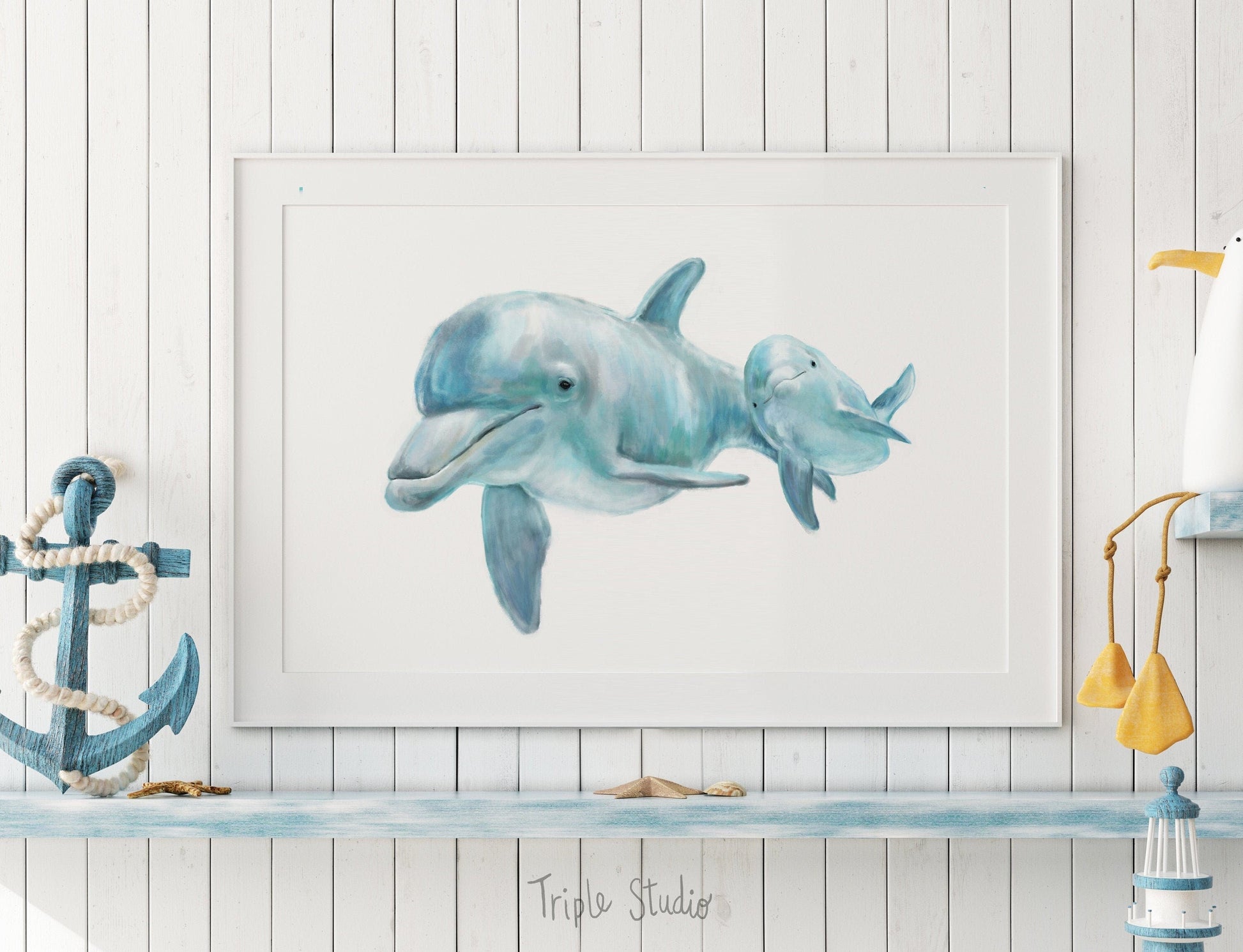 Bébé dauphin et sa maman, illustration sur l'océan