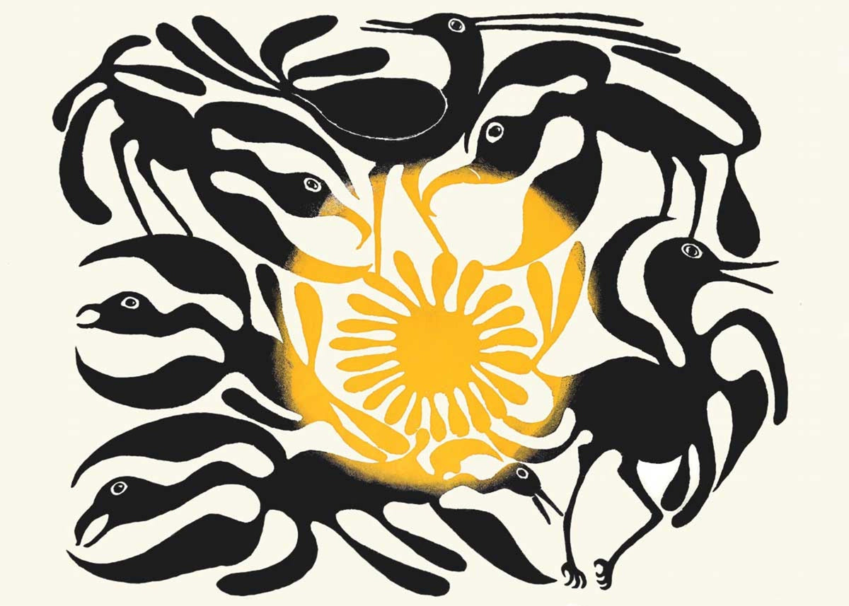 L'arrivée du soleil, 1962, gravure sur pierre par Kenojuak Ashevak, carte d'art inuit autochtone, décor autochtone, carte d'art encadrée