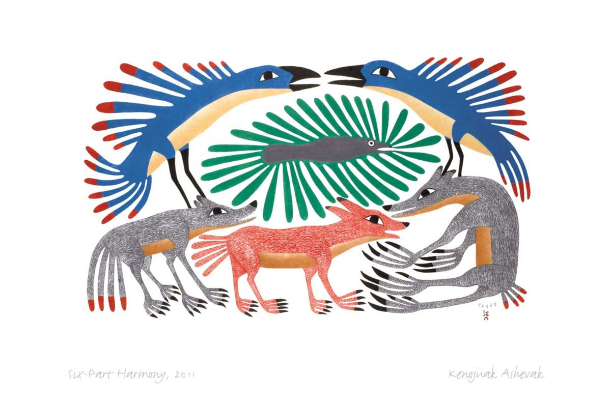 Six-Part Harmony, 2011 par Kenojuak Ashevak, carte d'art autochtone inuit, décor autochtone, carte d'art encadrée