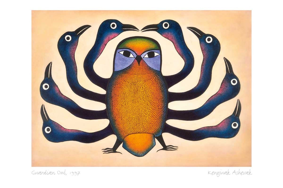 Guardian Owl, 1997 par Kenojuak Ashevak, carte d'art autochtone inuit, décor autochtone, carte encadrée