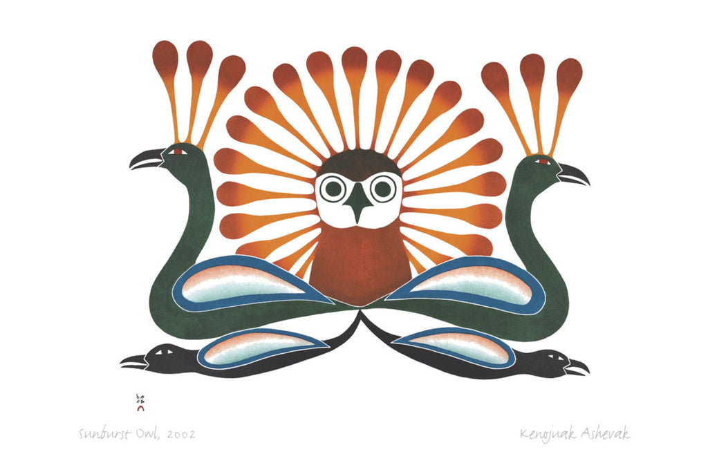 Hibou éclatant, 2002 par Kenojuak Ashevak, carte d'art inuit autochtone, décor autochtone, carte d'art encadrée