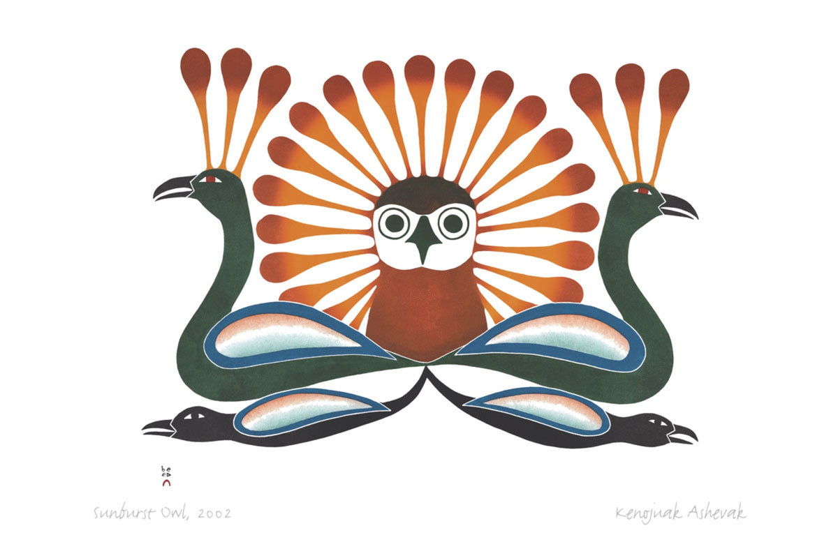 Hibou éclatant, 2002 par Kenojuak Ashevak, carte d'art inuit autochtone, décor autochtone, carte d'art encadrée