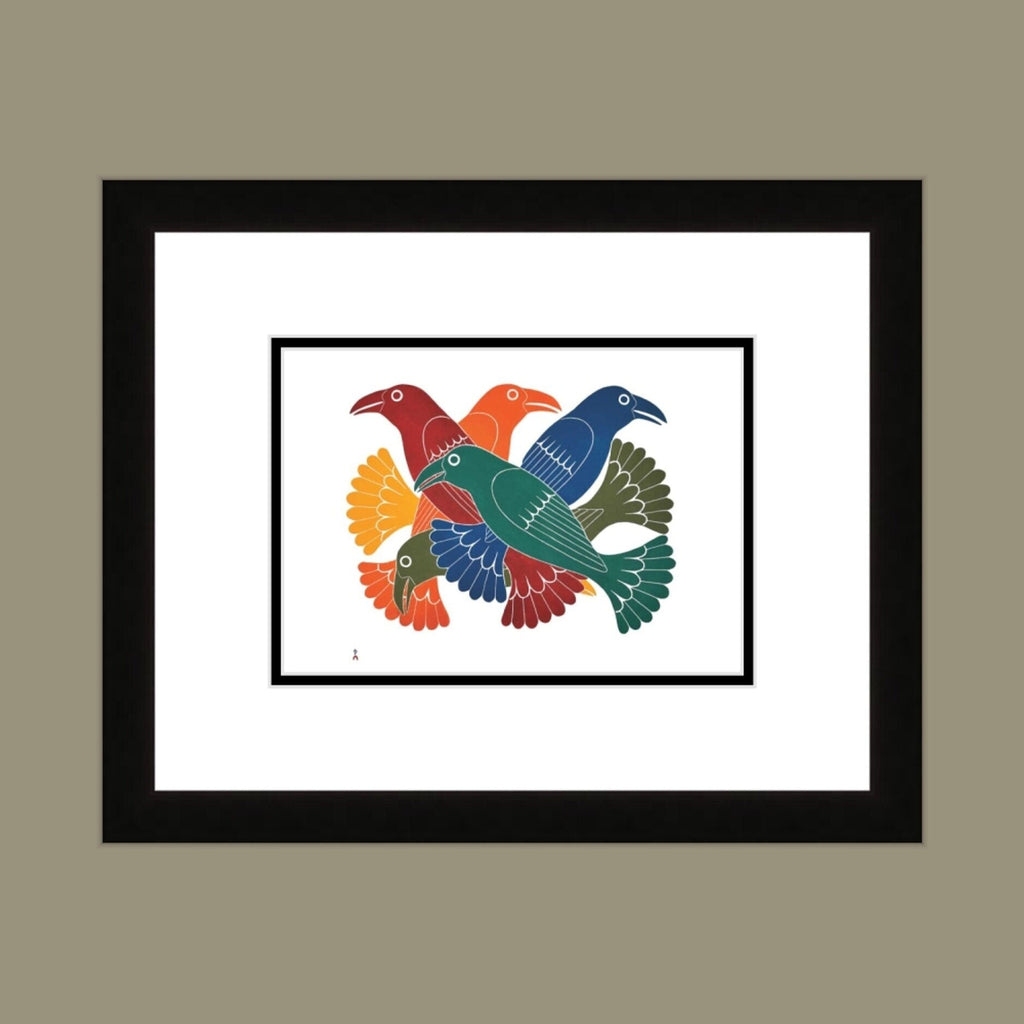 Corbeaux spectaculaires (taille sur pierre) par Kenojuak Ashevak, carte d'art autochtone inuit, décor autochtone, carte d'art encadrée