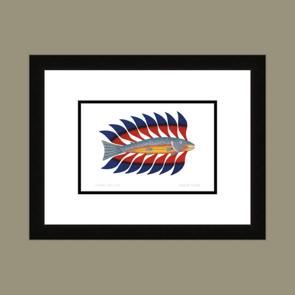 Luminous Char, 2008, lithographie, par Kenojuak Ashevak, carte d'art autochtone inuit, décor autochtone, carte d'art encadrée