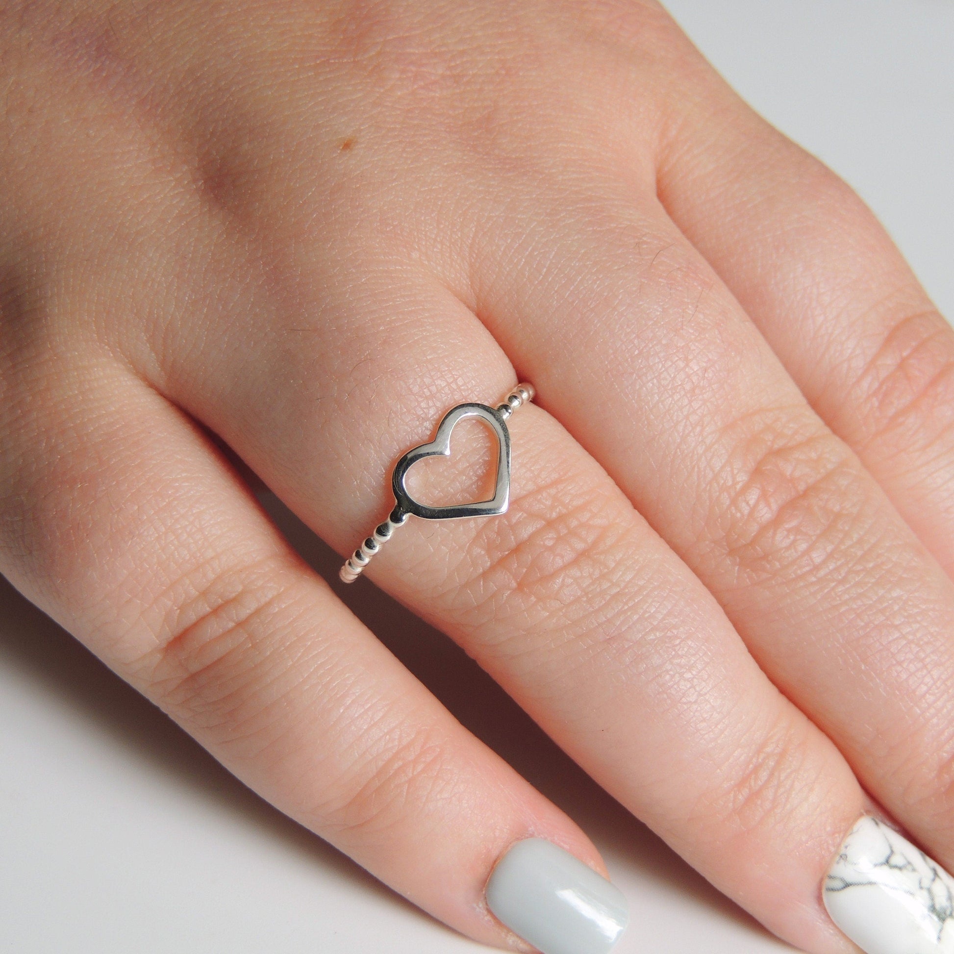 Sterling Silver Open Heart Ring Beaded Band