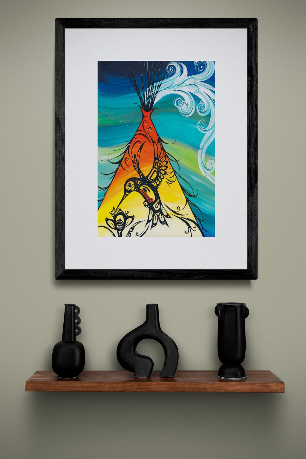 Colibri et tipi par Carla Joseph, gravure d'art autochtone, Premières Nations, Amérindiens, art encadré
