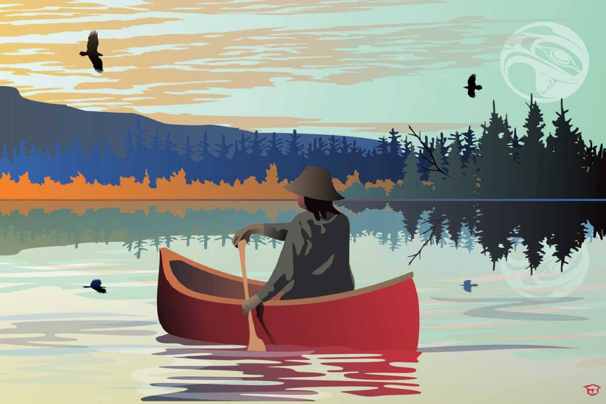 Canoë solitaire par Mark Preston, estampe d'art autochtone, Premières Nations, Autochtones, Tlingit, Territoire du Yukon, œuvre encadrée