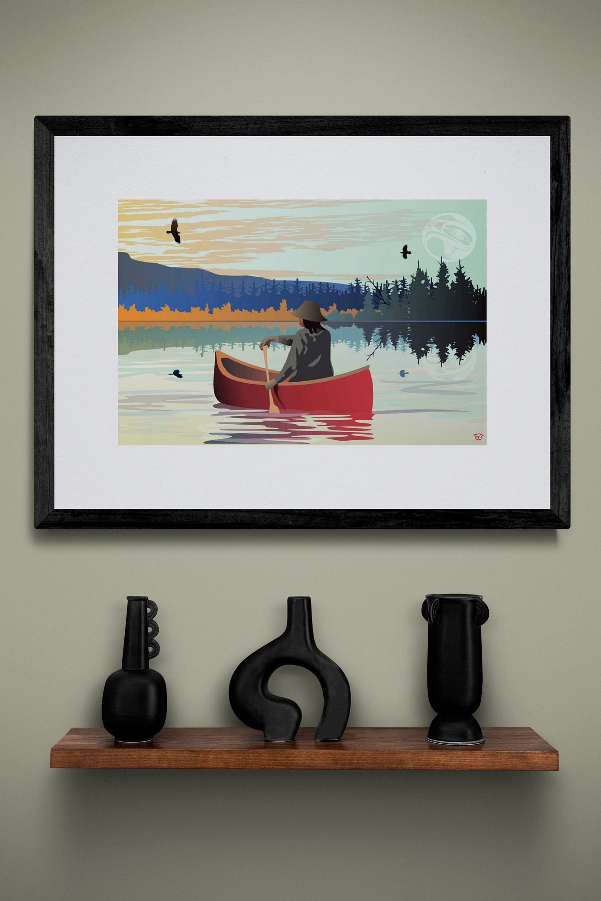 Canoë solitaire par Mark Preston, estampe d'art autochtone, Premières Nations, Autochtones, Tlingit, Territoire du Yukon, œuvre encadrée
