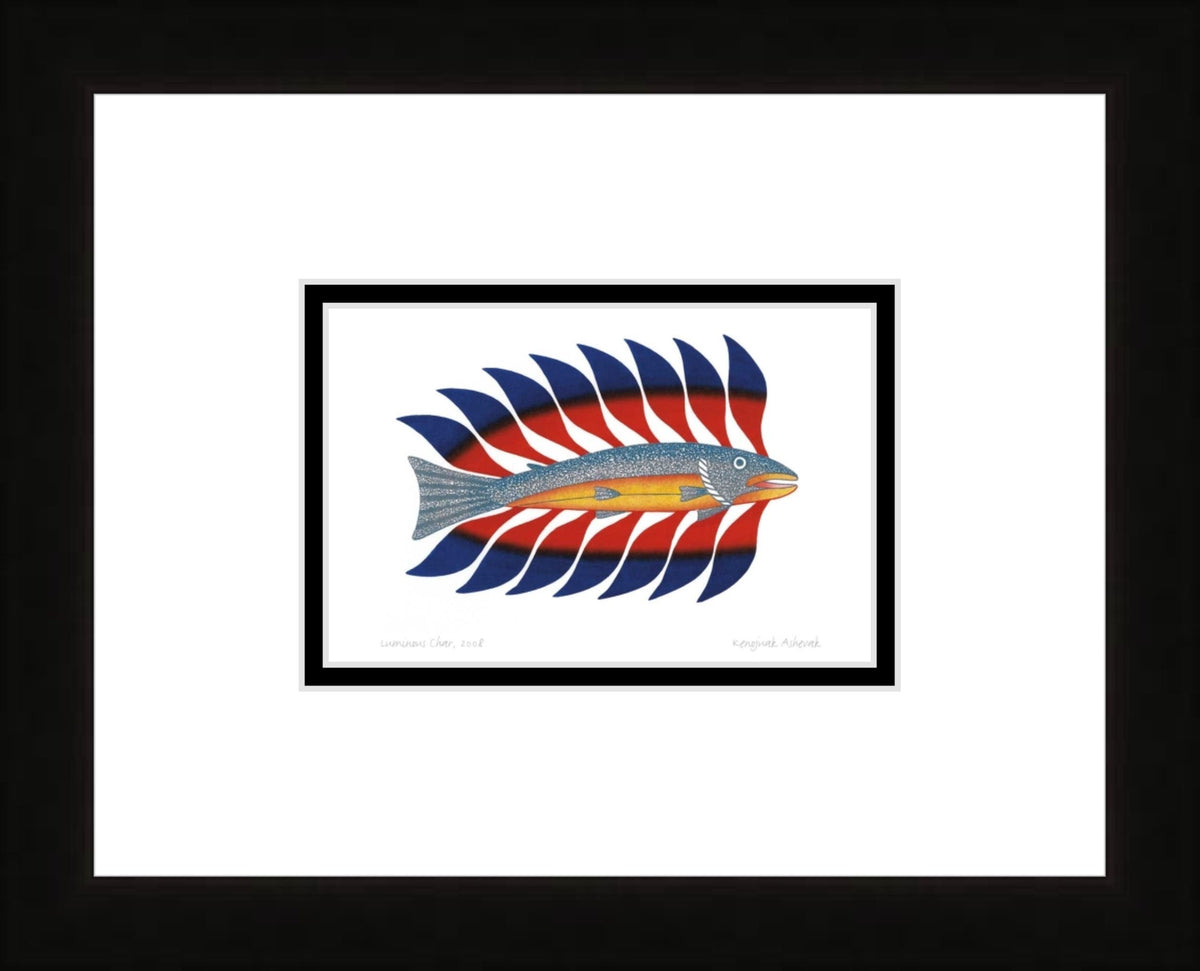 Luminous Char, 2008, lithographie, par Kenojuak Ashevak, carte d'art autochtone inuit, décor autochtone, carte d'art encadrée