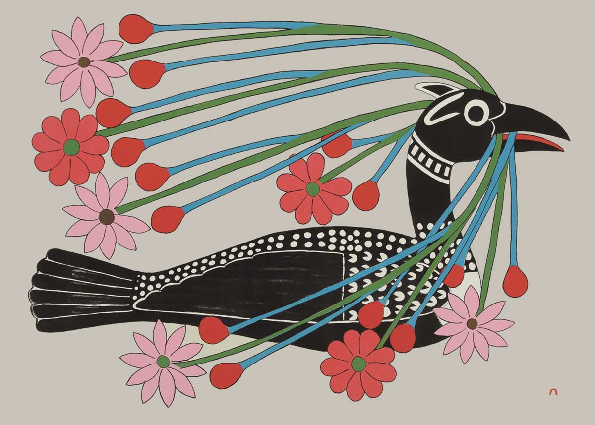 Parade nuptiale du huard, lithographie de 2008 par Kenojuak Ashevak, carte d'art autochtone inuite, décor autochtone, carte d'art encadrée