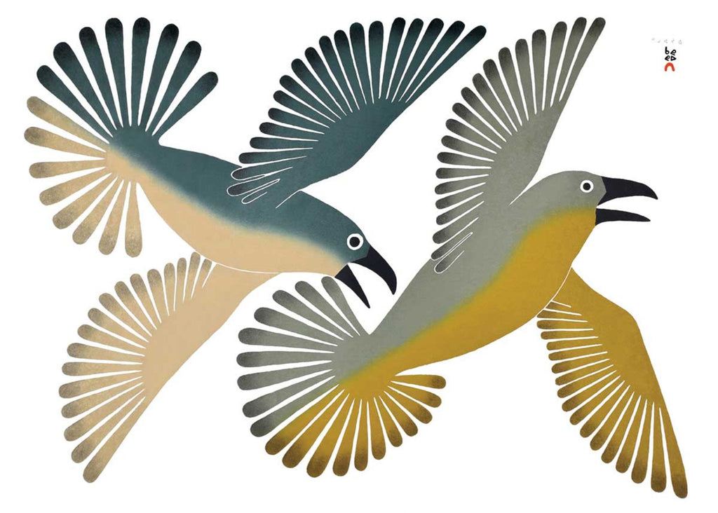 Dancing Ravens, 2003 (gravure sur pierre et pochoir) par Kenojuak Ashevak, carte d'art autochtone inuit, décor autochtone, carte d'art encadrée