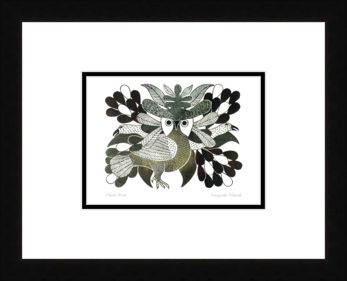 Oiseau fleur par Kenojuak Ashevak, carte d'art inuit autochtone, décor autochtone, carte d'art encadrée