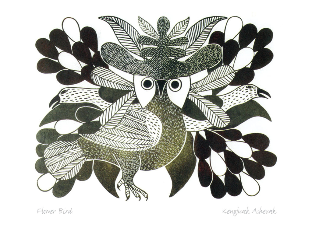 Oiseau fleur par Kenojuak Ashevak, carte d'art inuit autochtone, décor autochtone, carte d'art encadrée