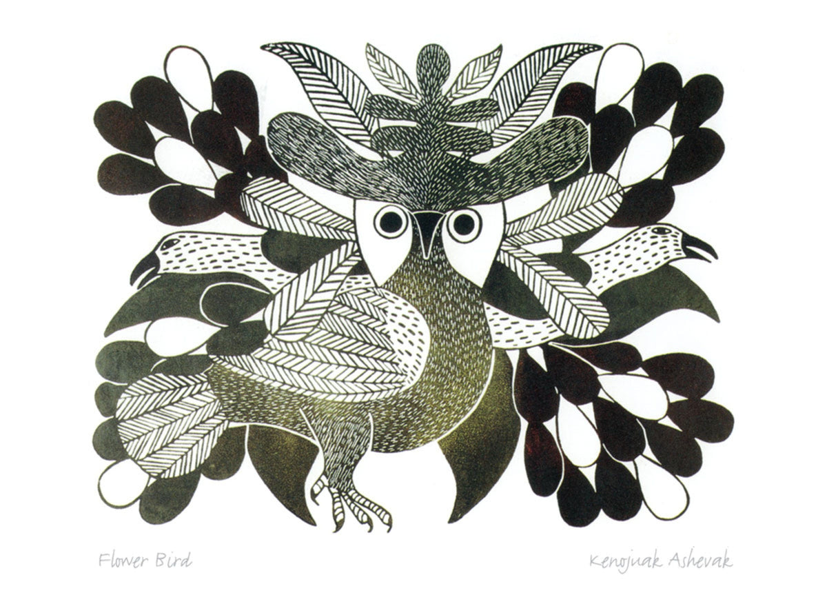 Oiseau fleur par Kenojuak Ashevak, carte d'art inuit autochtone, décor autochtone, carte d'art encadrée