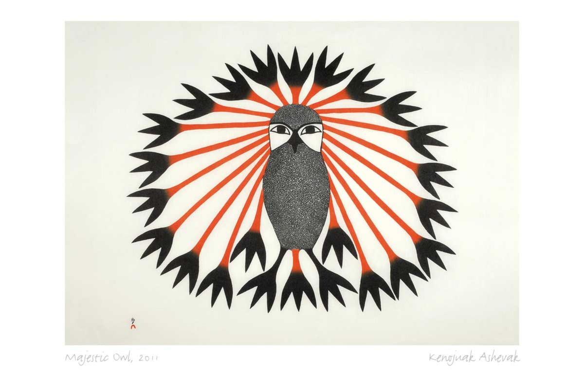 Majestic Owl, 2011 par Kenojuak Ashevak, carte d'art autochtone inuit, décor autochtone, carte d'art encadrée