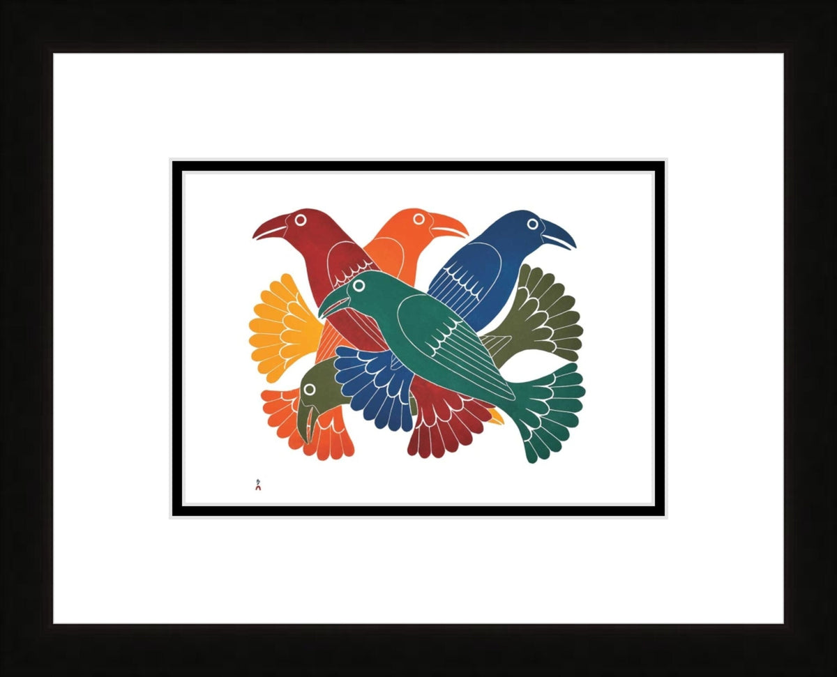 Corbeaux spectaculaires (taille sur pierre) par Kenojuak Ashevak, carte d'art autochtone inuit, décor autochtone, carte d'art encadrée