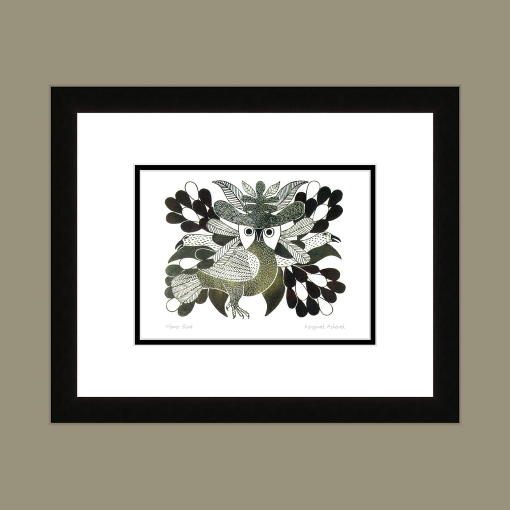 Oiseau fleur par Kenojuak Ashevak, carte d'art inuit autochtone, décor autochtone, carte d'art encadrée