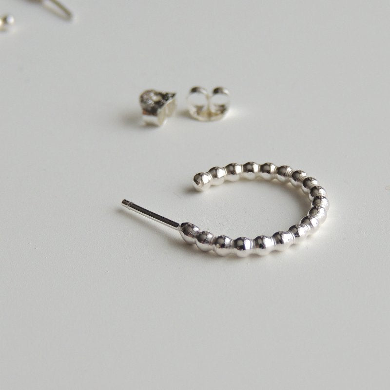 Sterling Silver Hoops Small Stud Earrings Beaded Post Hoop Earrings Silver Studs