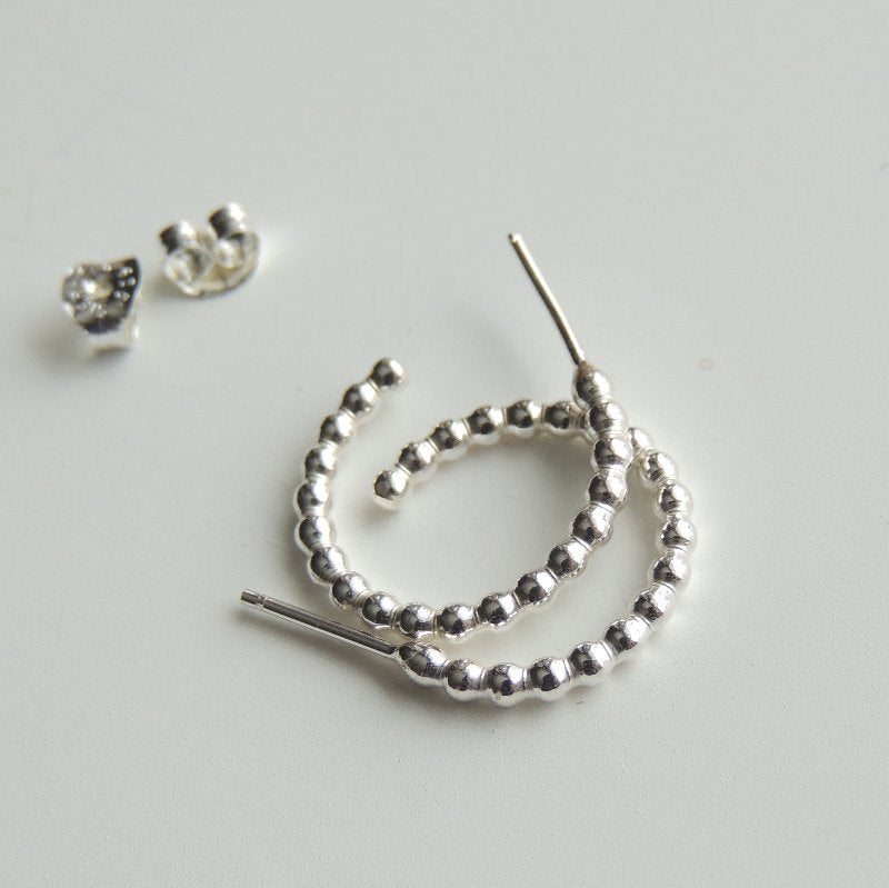 Sterling Silver Hoops Small Stud Earrings Beaded Post Hoop Earrings Silver Studs