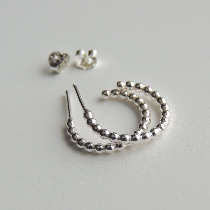 Sterling Silver Hoops Small Stud Earrings Beaded Post Hoop Earrings Silver Studs