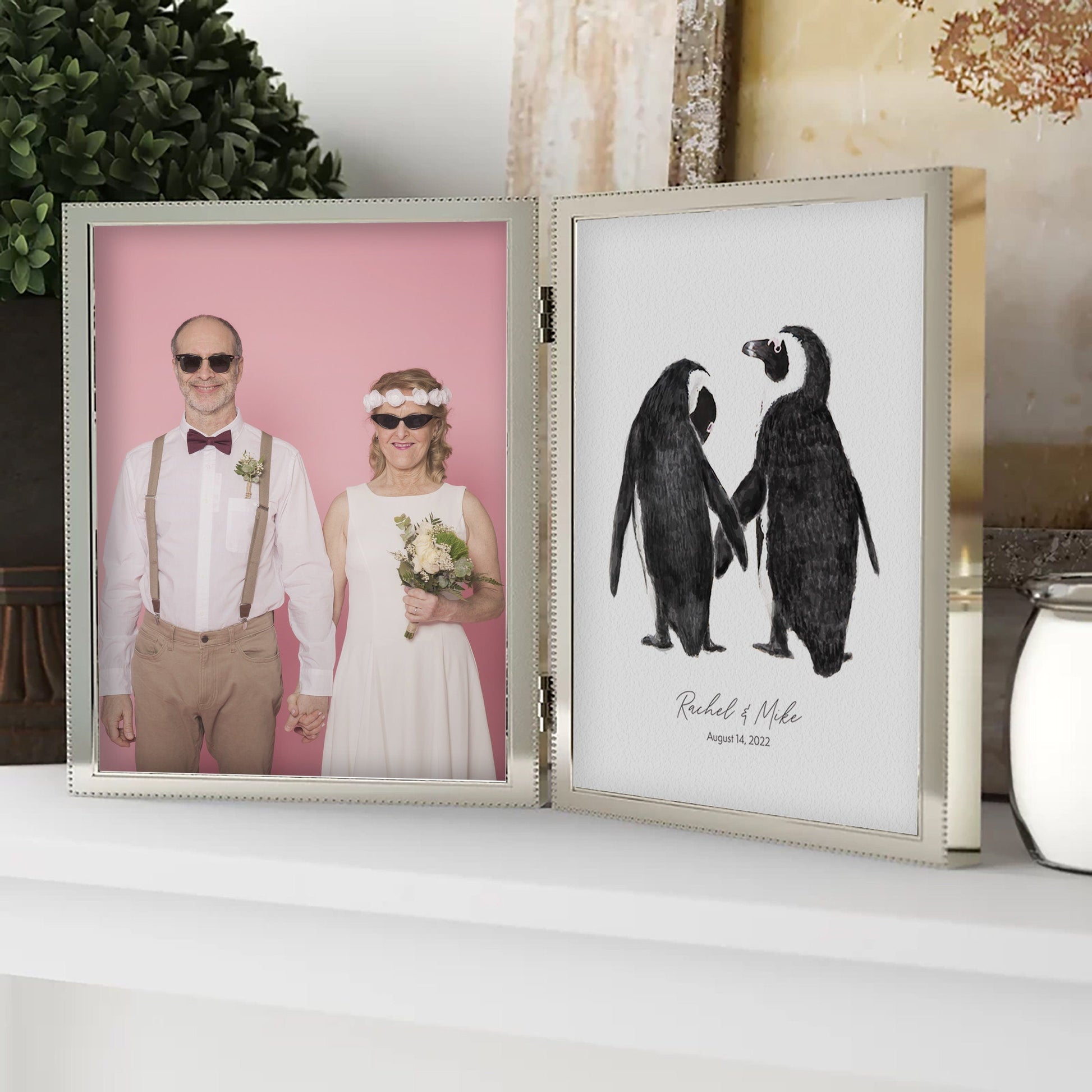 Cadeau de mariage personnalisé - Décoration murale Pingouin amoureux pour jeunes mariés