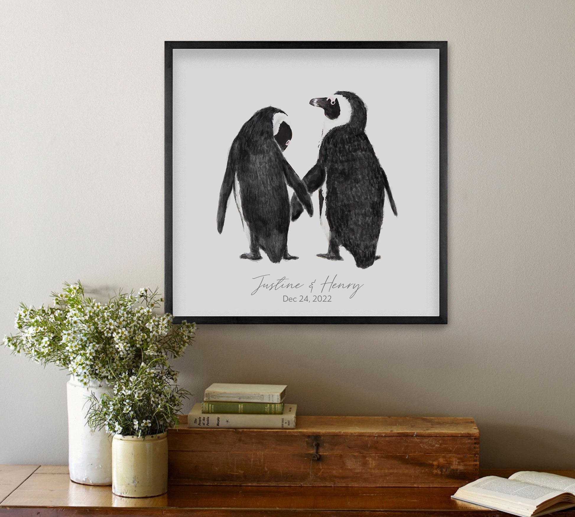 Cadeau de mariage personnalisé - Décoration murale Pingouin amoureux pour jeunes mariés