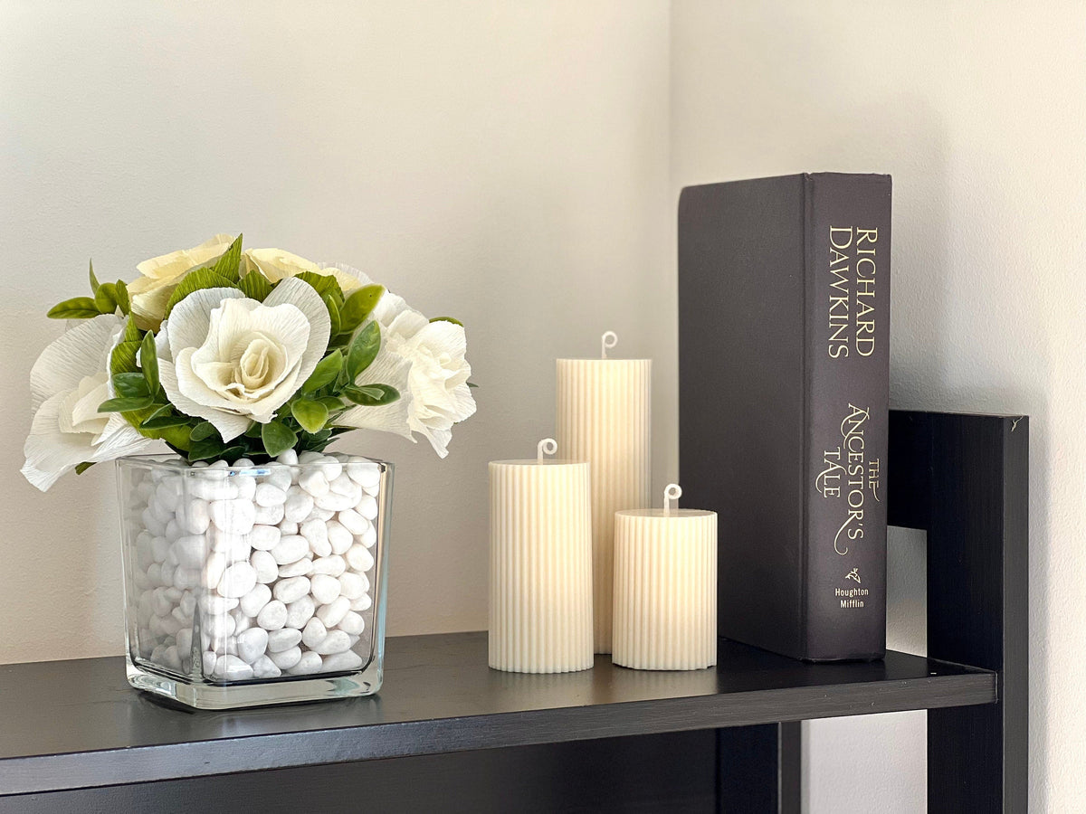Ensemble de bougies piliers striées en cire de soja | bougies décoratives non parfumées