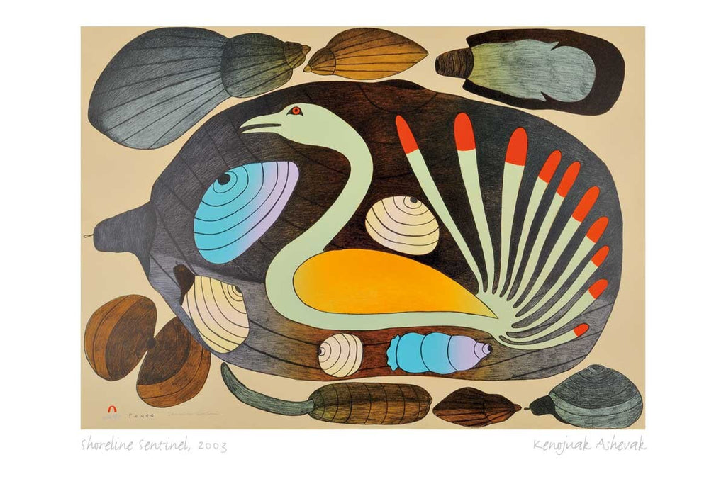 Sentinelle du littoral, 2003 par Kenojuak Ashevak, carte d'art inuit autochtone, décor autochtone, carte d'art encadrée