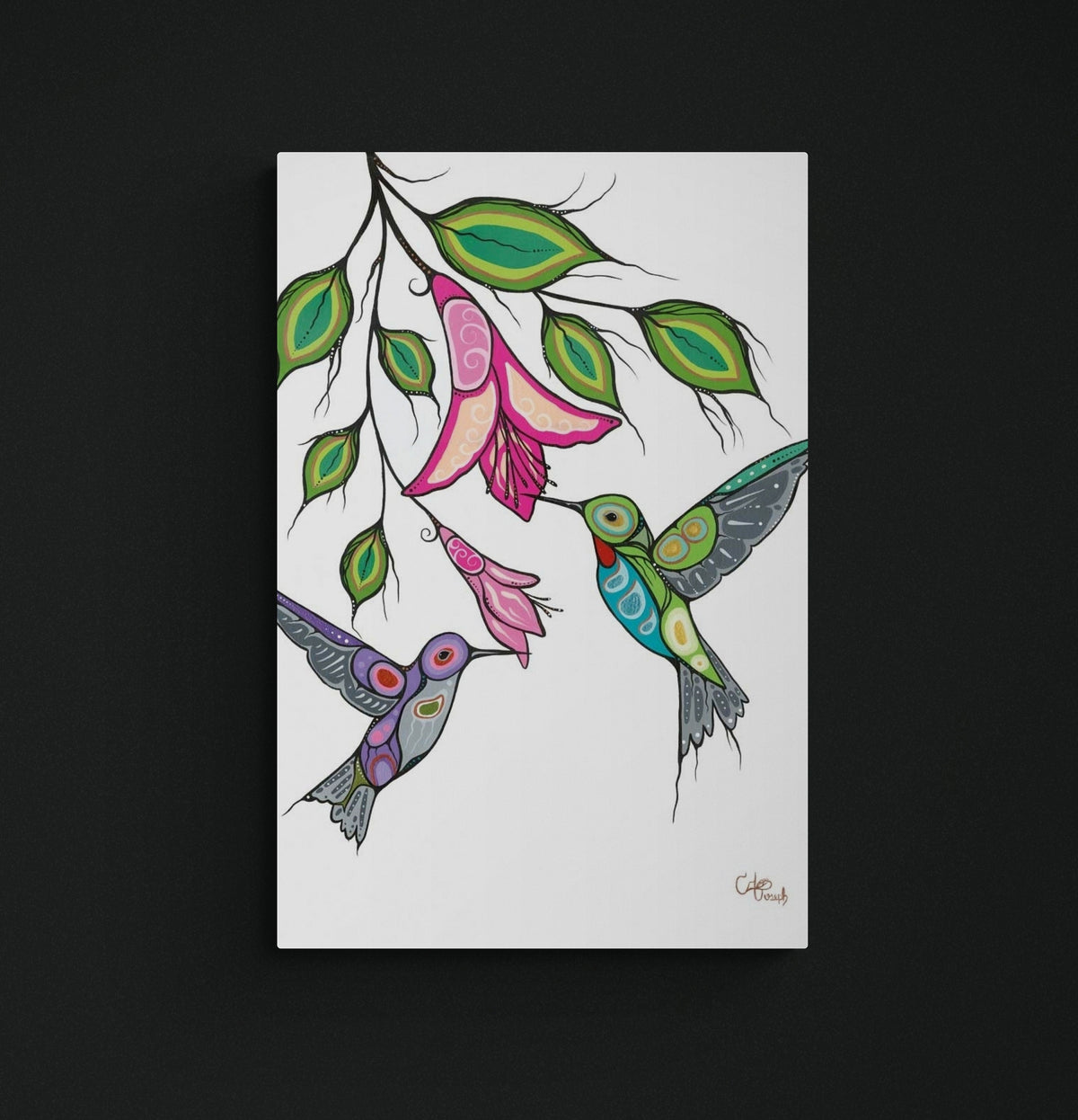 Colibris cris par Carla Joseph, reproduction d'art autochtone, Premières Nations, Amérindiens, Cris, Métis, œuvre encadrée