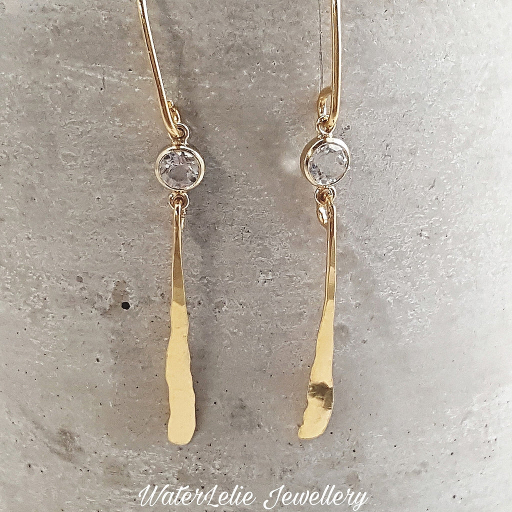 24k Gold Dangle Earrings: Hammered Artisan Jewelry with White Topaz