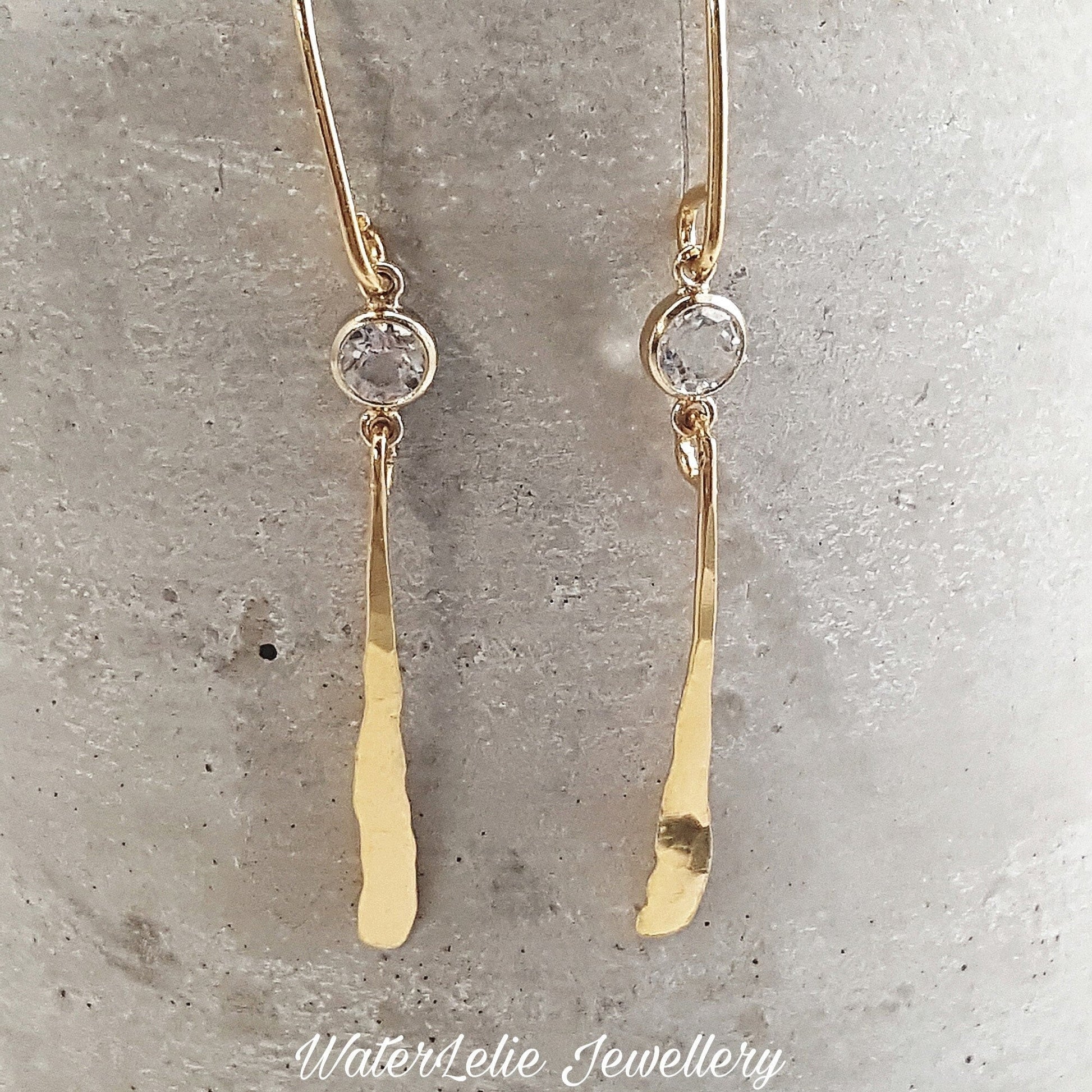 24k Gold Dangle Earrings: Hammered Artisan Jewelry with White Topaz