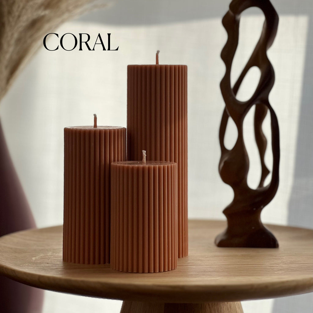 Ensemble de bougies piliers striées en cire de soja | bougies décoratives non parfumées