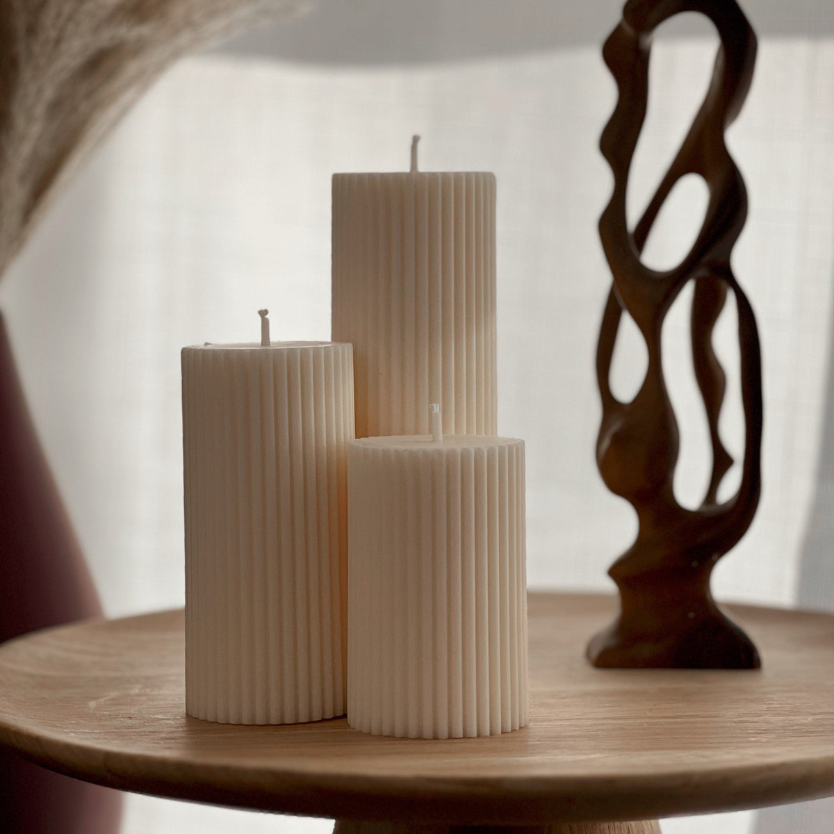 Ensemble de bougies piliers striées en cire de soja | bougies décoratives non parfumées