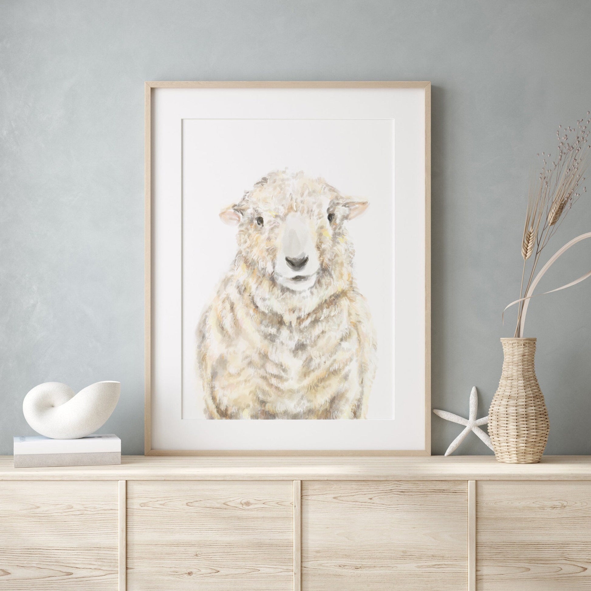 Estampe artistique représentant des moutons de ferme -