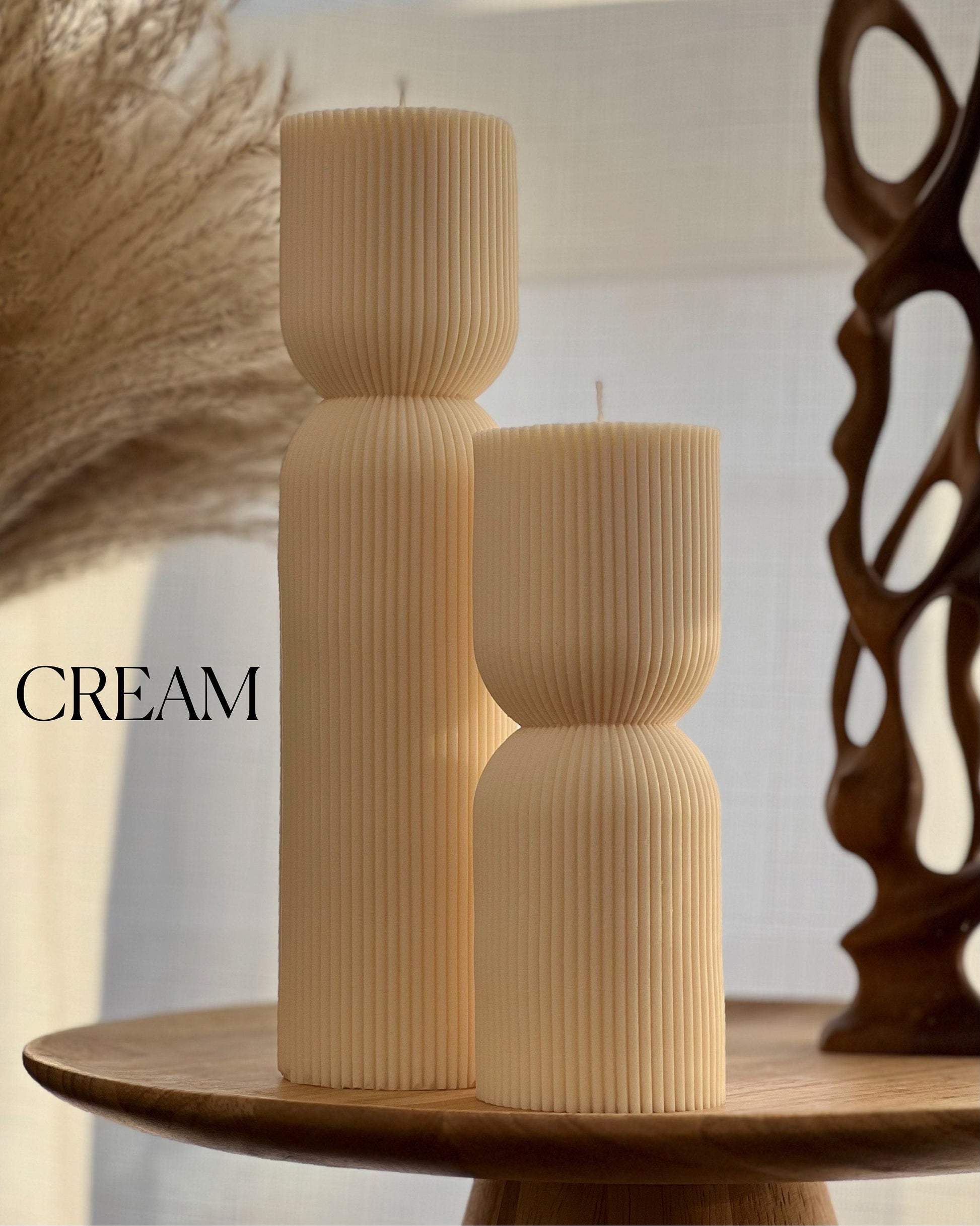 Ribbed Hourglass Soy Candle: Sculptural Striped Pillar, Minimalist Decor