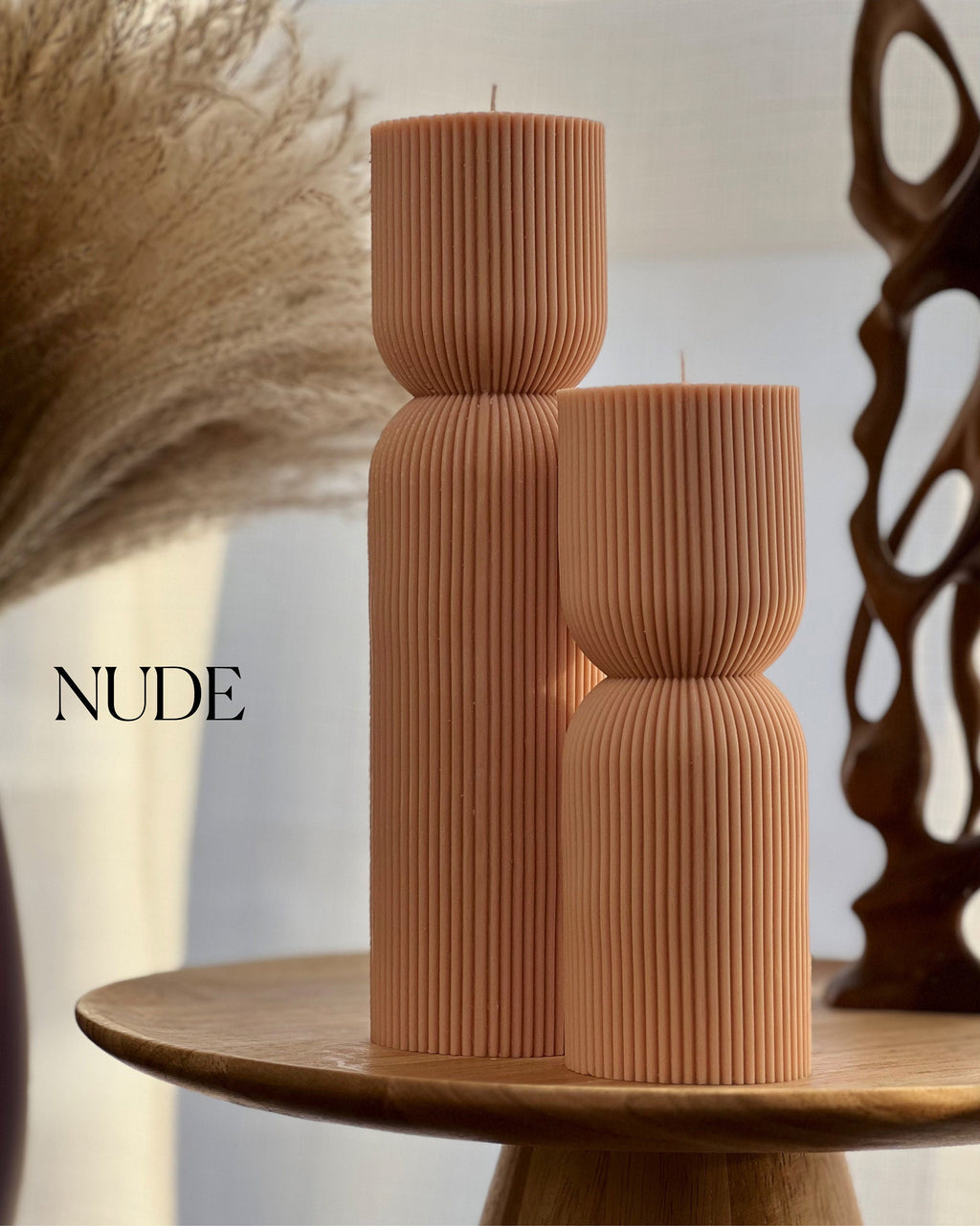 Ribbed Hourglass Soy Candle: Sculptural Striped Pillar, Minimalist Decor