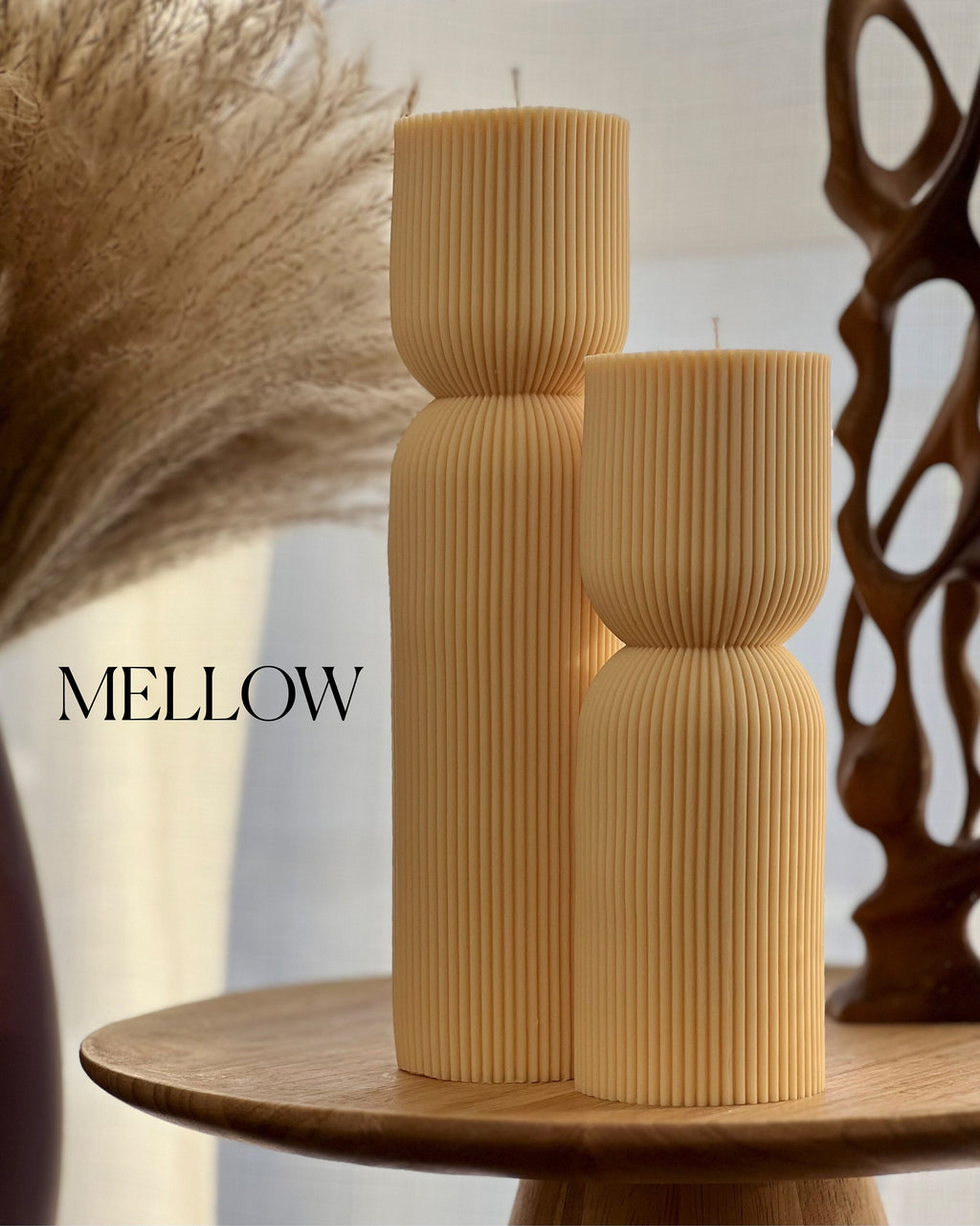 Ribbed Hourglass Soy Candle: Sculptural Striped Pillar, Minimalist Decor