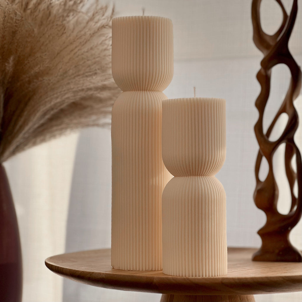 Ribbed Hourglass Soy Candle: Sculptural Striped Pillar, Minimalist Decor